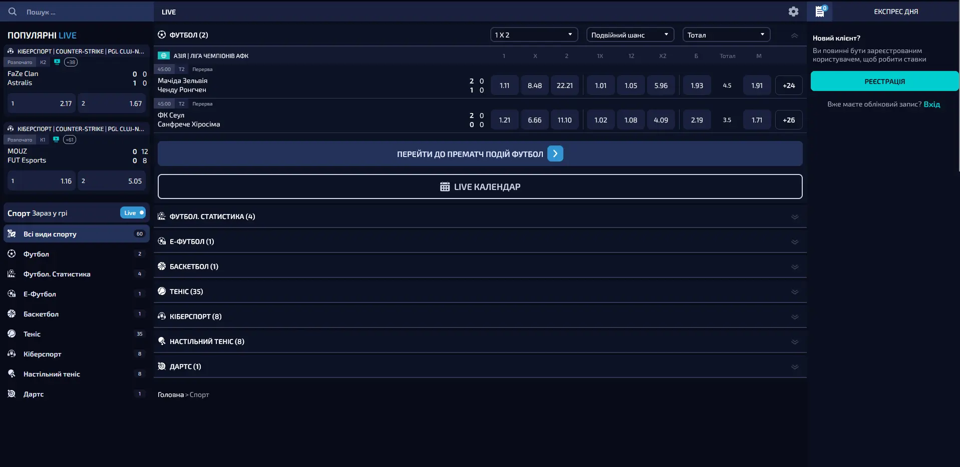 Розділ лайв-ставок All1win з оновленням коефіцієнтів кожні 3-5 секунд, живим рахунком, статистикою гравців та можливістю ставити до останніх хвилин матчу